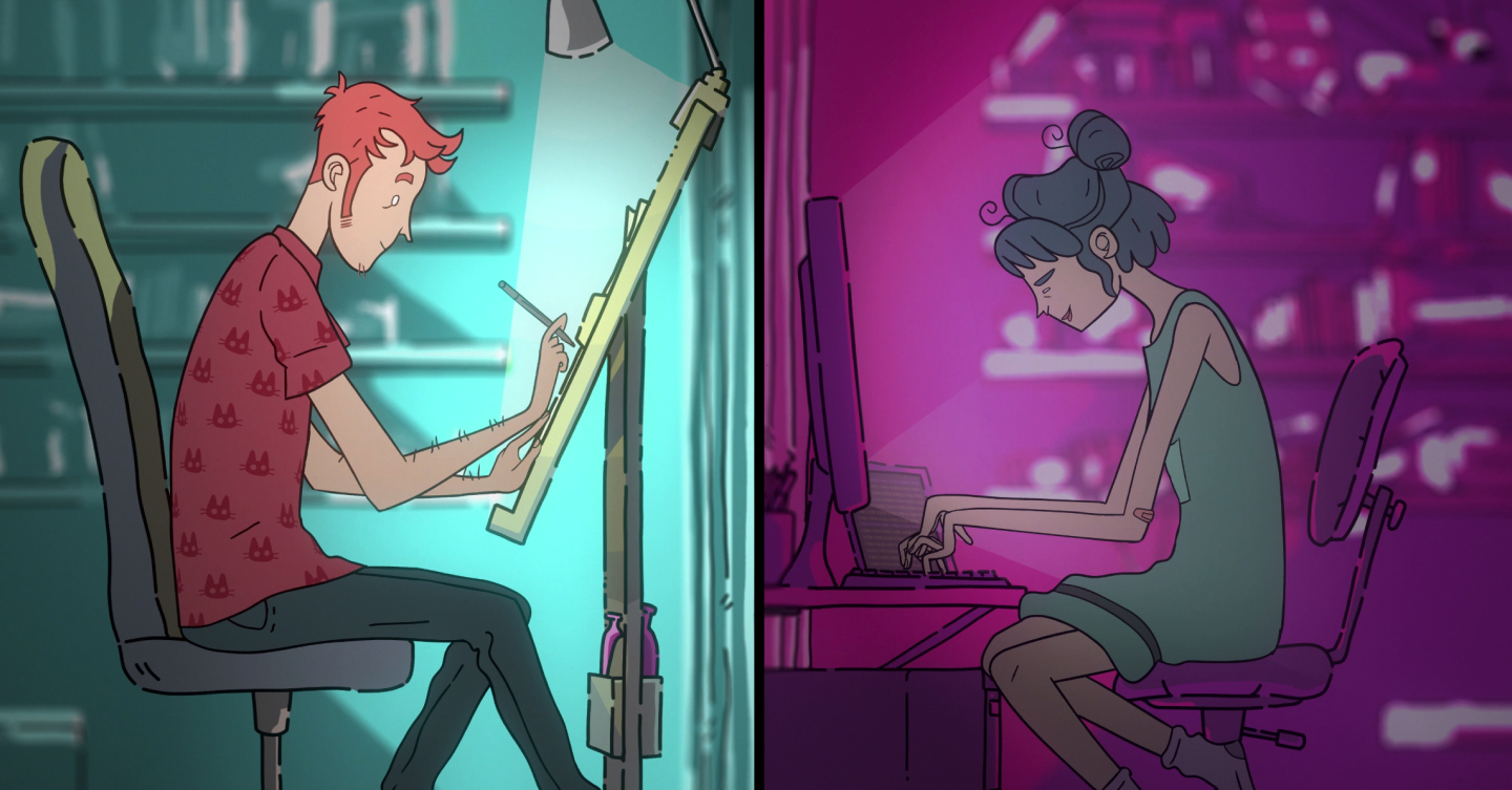 Ellie and Manu working. Each one in his appartment but mirroring eachother.