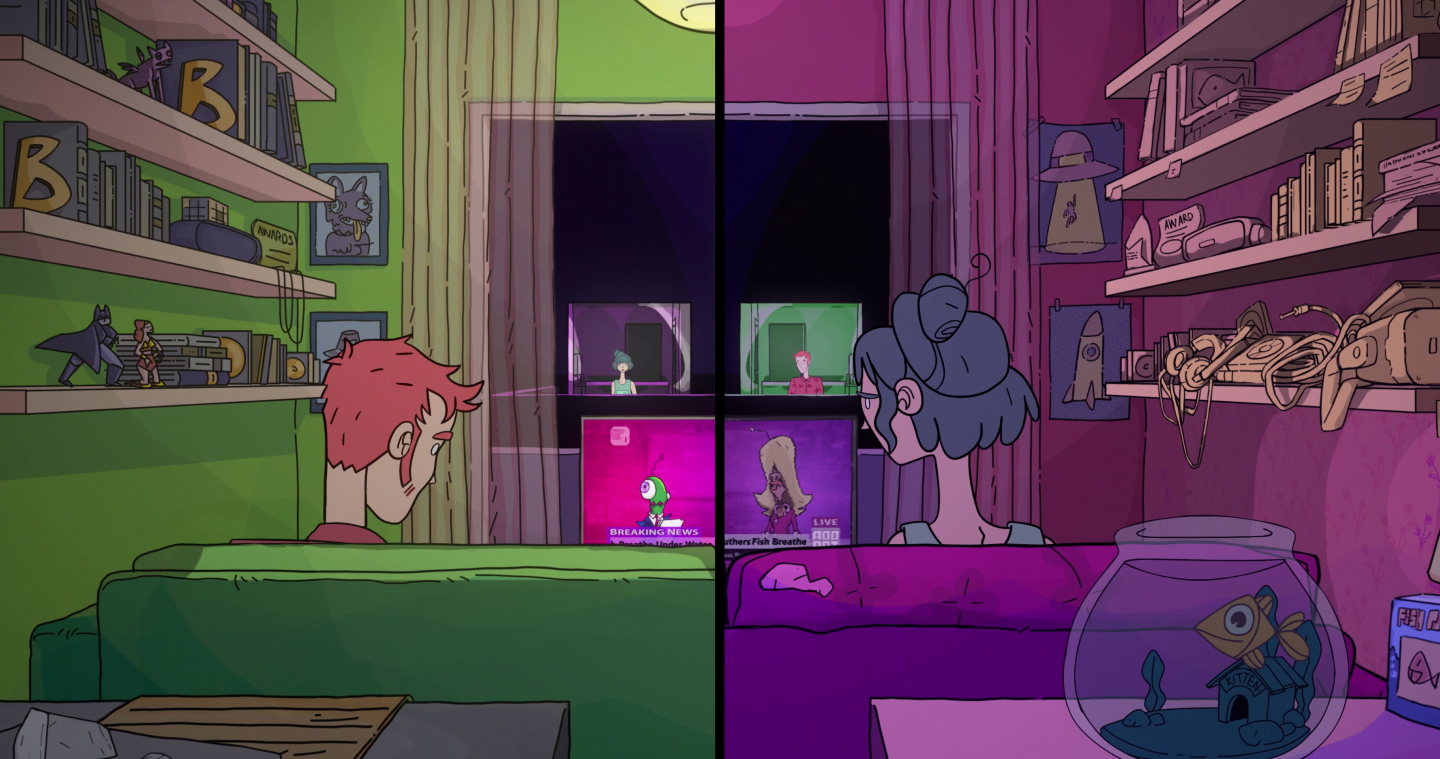 Ellie and Manu watching TV. Each one in his appartment but mirroring eachother.