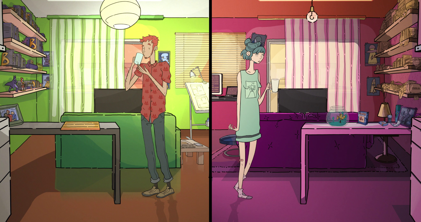 Ellie and Manu drinking water. Each one in his appartment but mirroring eachother.